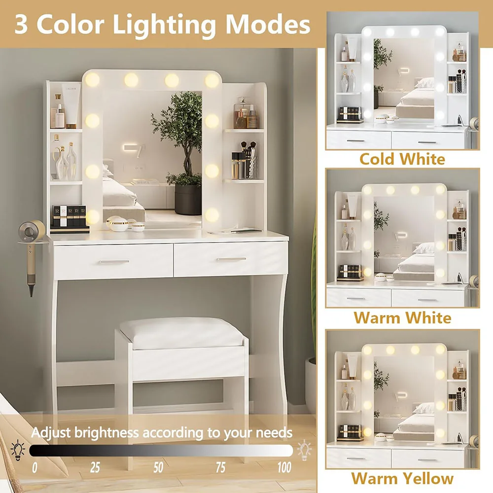 Modern Dressing Table with Light Mirror 2 Large Drawers Wood Makeup Vanity Desk with Adjustable Lighting LED for Bedroom