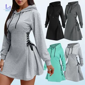 Huili Manufacturer Oem High Quality Lace Up Waist Cotton Long Sleeve Custom logo Cotton Hoodie Dress Women Hooded Dress