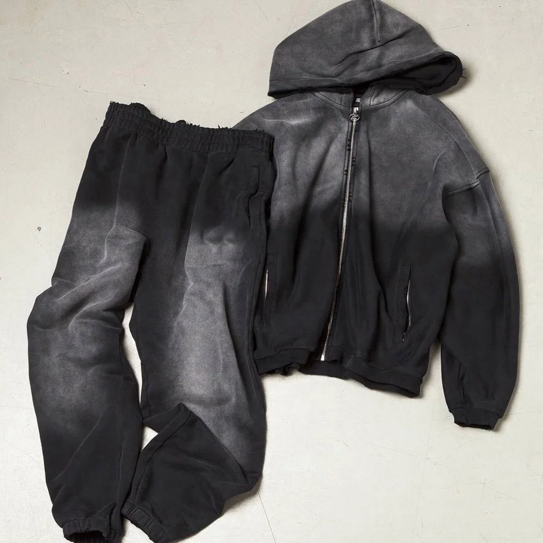 Custom High Quality Acid Wash Sweat Suit Oversized Sports Tracksuits Thick Distressed Sweatsuit Zip up Hoodie and Jogger Set Men