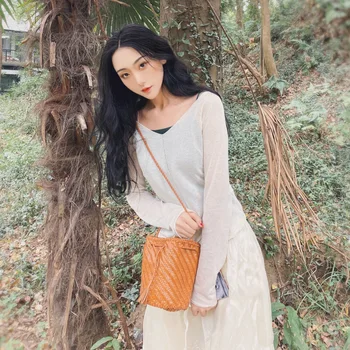 Dragon Diffusion Top-grain Cowhide Woven Small Bucket Bag, Genuine Leather Vegetable Basket Bag, Retro Small Bag, Ins Style