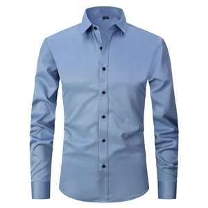 Men's Casual Anti-Wrinkle Long Sleeve Solid Color Shirt Four-Sided Stretch Slim-Fit Single Breasted Button Twill for Autumn