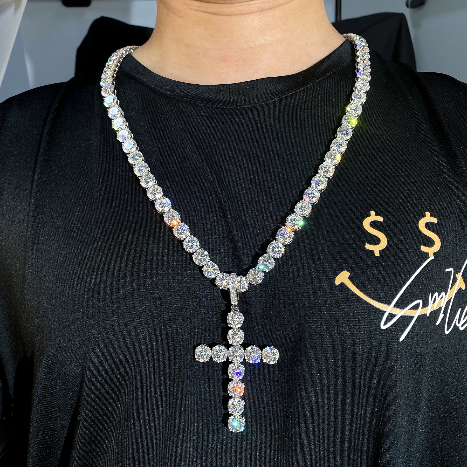 thumbnail image 2 of Harlembling Iced Moissanite Tennis Cross Pendant – 925 Sterling Silver, Real Gold Plated 2 of 6