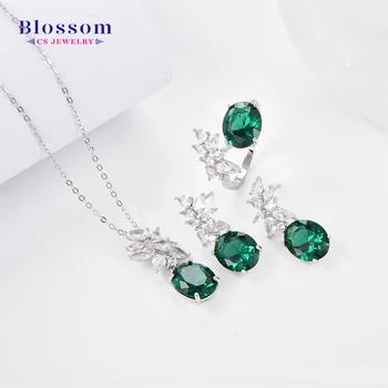 Blossom CS Factory Wholesale Fine Emerald Jewelry Sets Silver 925 AAA Zircon Crystal Necklace Sets For Women