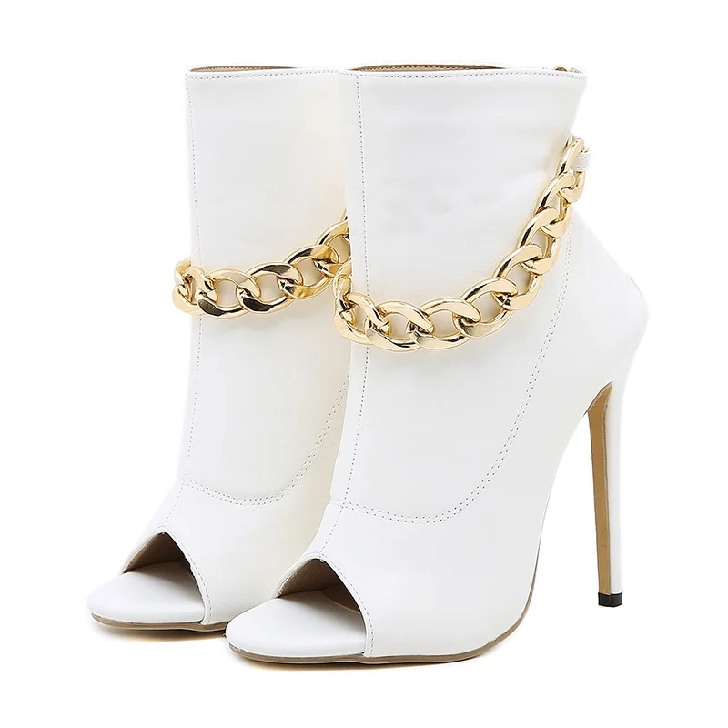 Fonleader Botte Femme Gold Chain High Heels Open Toe Zipper