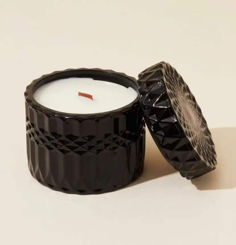 Empty Unique Iridescent Embossed Glass Candle Jar With Flat Lid Matte