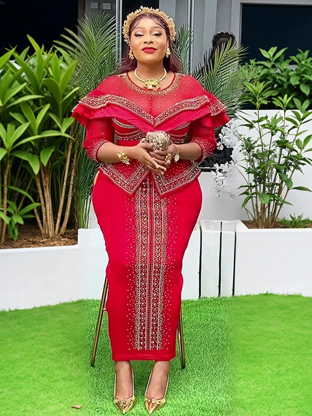 open lace back dress Red African Print Dress with Organza Sleeves - rtw100 main image 0