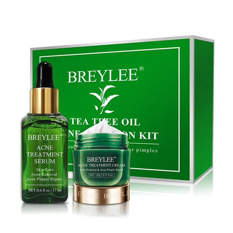 BREYLEE Tea Tree Oil Acne Solution Kit Acne Removal Serum Acne Pimple Repair Cream Moisturize Shrink Pores Face Skin Care Set