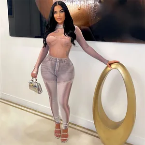 K23Q35605 Full Sleeve O-neck Ladies Jumpsuit Printed Mesh One Piece Jumpsuit Bodycon Jumpsuit