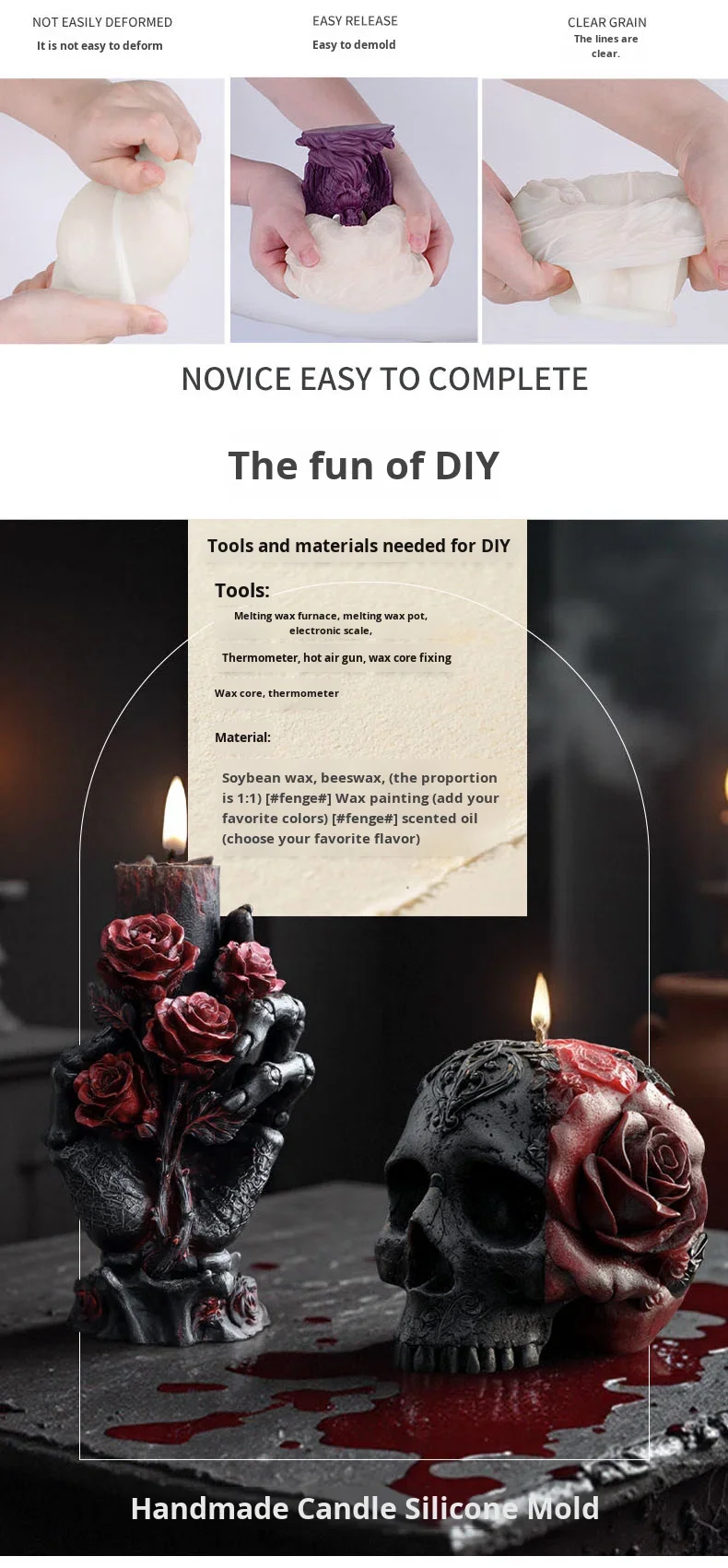 Bone Hand Series Eco-friendly Rose Scented Soy Wax Candle Mold DIY Halloween Skull & Flower Design factory