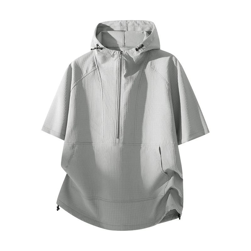 Textured half-zip hooded T-shirt, 100% polyester, short-sleeved, casual and breathable, street style, front pocket, adjustable drawstring.