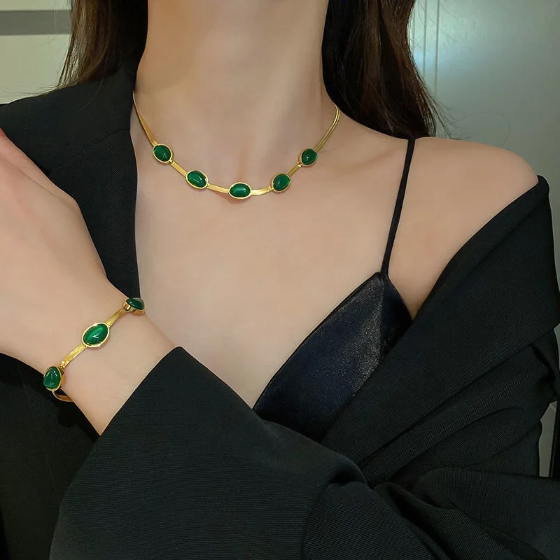 Vintage Emerald Snake Chain Jewelry Set Stainless Steel