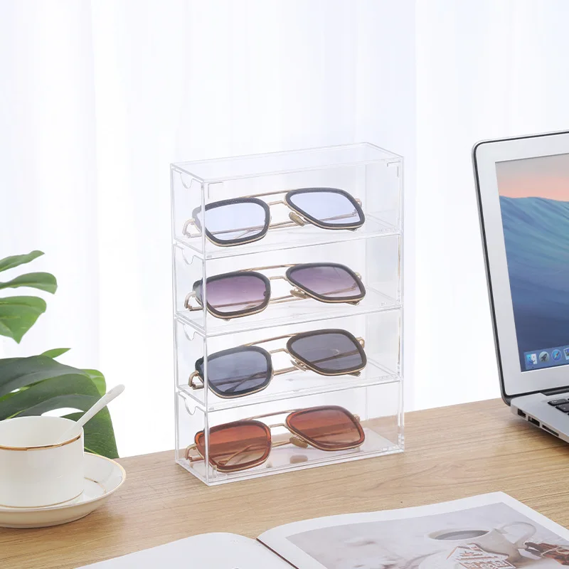 Rangement Lunettes De Soleil Acrylique - 4 Tiroirs Empilables Transparents (Capacité 4 Lunettes)