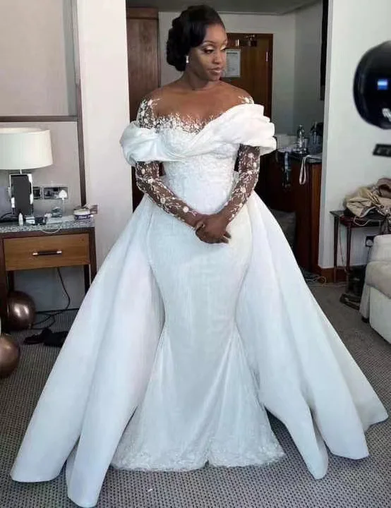 New White Slim-fit African Bridal Mermaid Wedding Dress Long Sleeve Lace  Floral Print Sweep Train Floor-Length Built-in Bra
