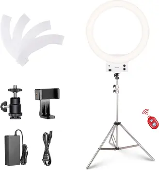 Neewer 18-inch White LED Ring Light with Silver Light Stand Lighting Kit Dimmable 50W 3200-5600K with Soft Filter, Hot Shoe