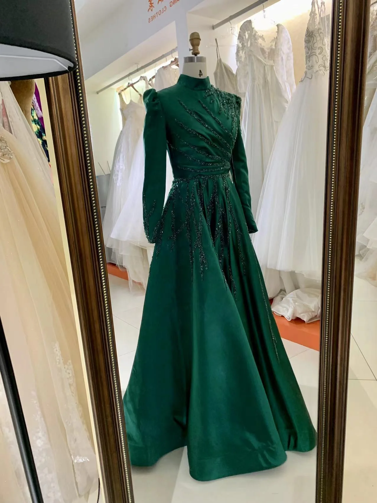 Emerald Green Satin A-Line Evening Dress High Neck Full Beaded Bodice Puffy  Long Sleeves Natural Waist-Party Style Embroidered