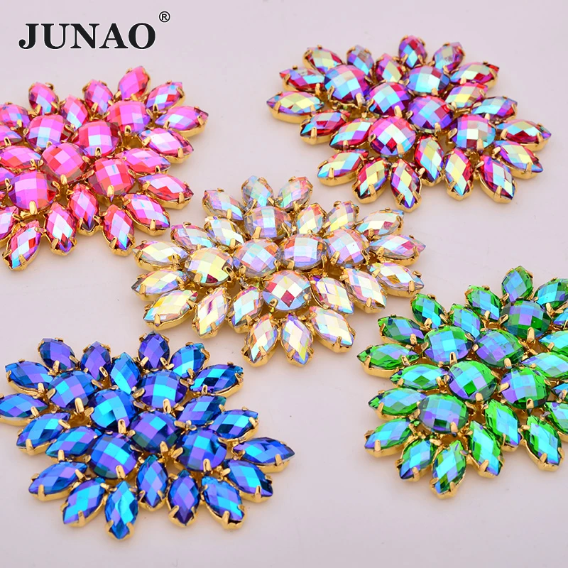 50*115mm Sewing Blue AB Strass Flower Applique Crystal Buckle Bikini Connector Glass Rhinestone Chain for Bra Dress Decoration