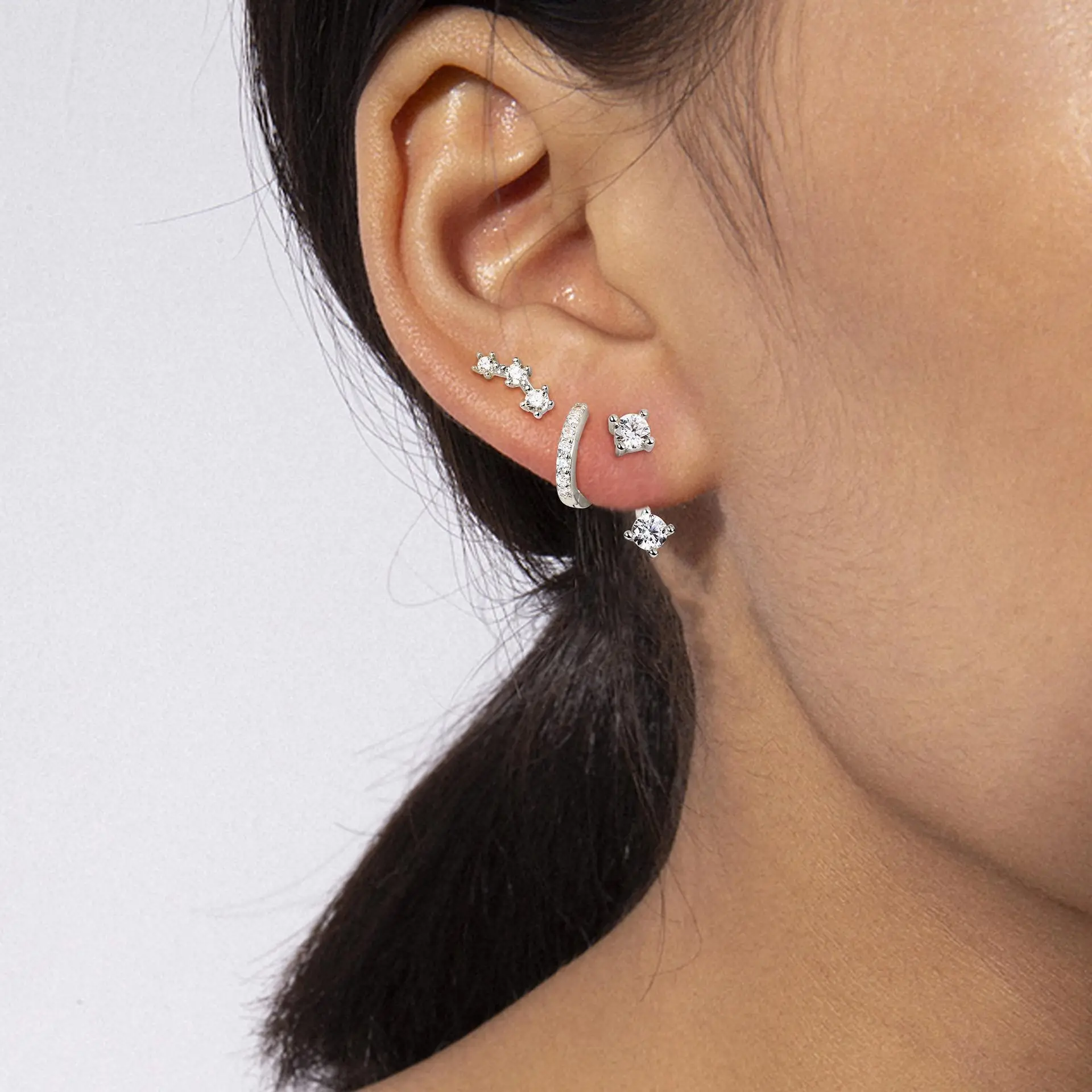 3 Pairs Stud Hoop Earrings Set for Women 14K Gold Plated Zircon Earrings Stacks Dainty Earrings for Multiple Piercings