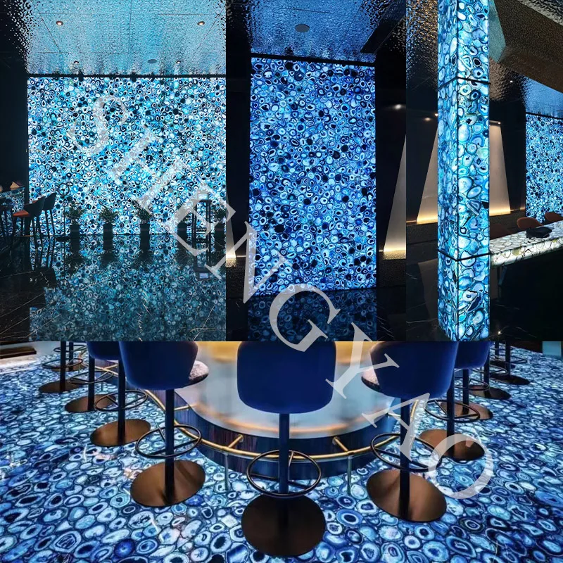 Natural Luxury LED Translucent Semi Precious Stone Backlit Blue Agate Bar Counter Top