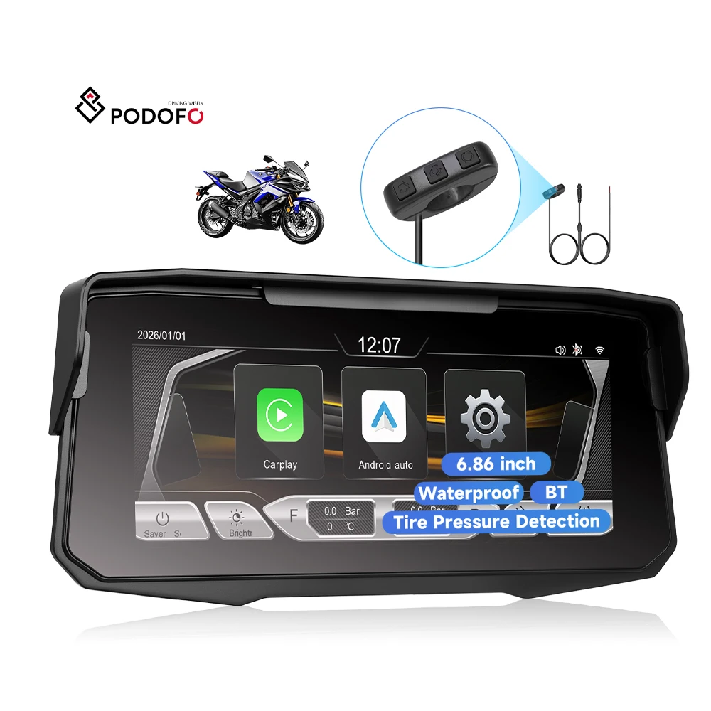 Podofo 6.86 Inch Portable Motorcycle IPS Screen with iPhone Carplay & Android Auto Carplay Para Motocicletas IP67 Waterproof Physical Control OEM A4713