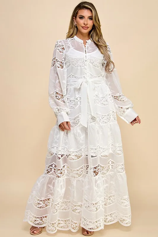 Ladies White Lace Dress With Perspective Lantern Sleeves Lace Waist Button Decoration Sweet Style For Commuting Shopping Travel - Image 3