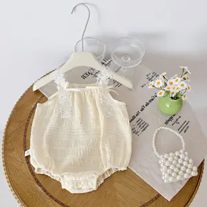 Summer Baby Girls' 100% Cotton Knitted Casual Breathable Button Closure Lace Strap Romper