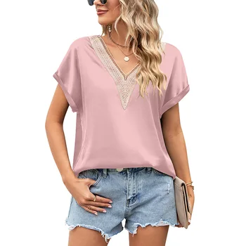 2024 Summer New European And American Clothing V-Neck Lace Satin Short-Sleeved Shirt Bat-Sleeve Top