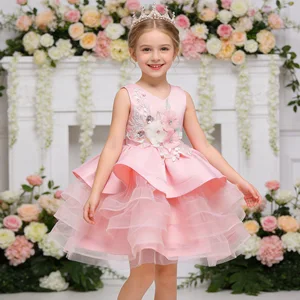 Summer Applique Layered Floral Satin Formal Sleeveless Knee-Length Baby Party Dress Elegant Cute Children Girls Wedding Dress
