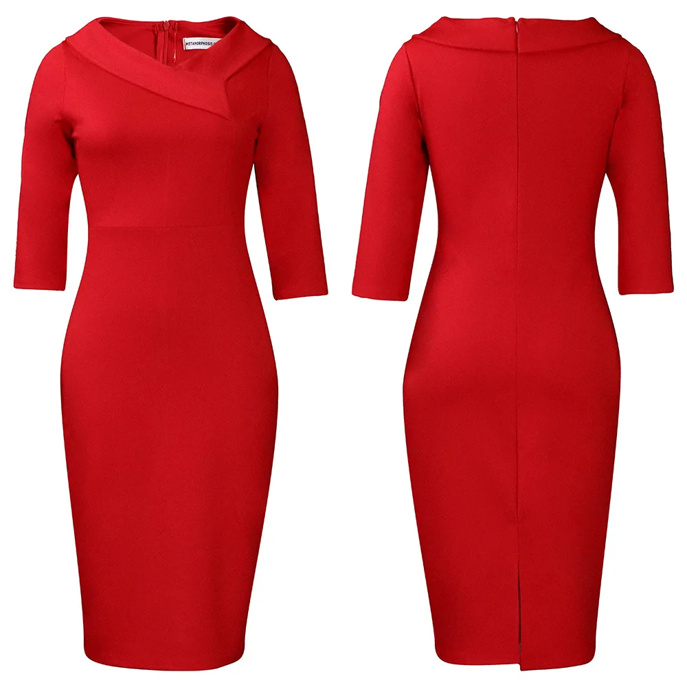 New Office Lady Pencil Dress Three Quarter Sleeve V-neck Dress High Waist  Slit Female Spring Summer Pencil Dresses