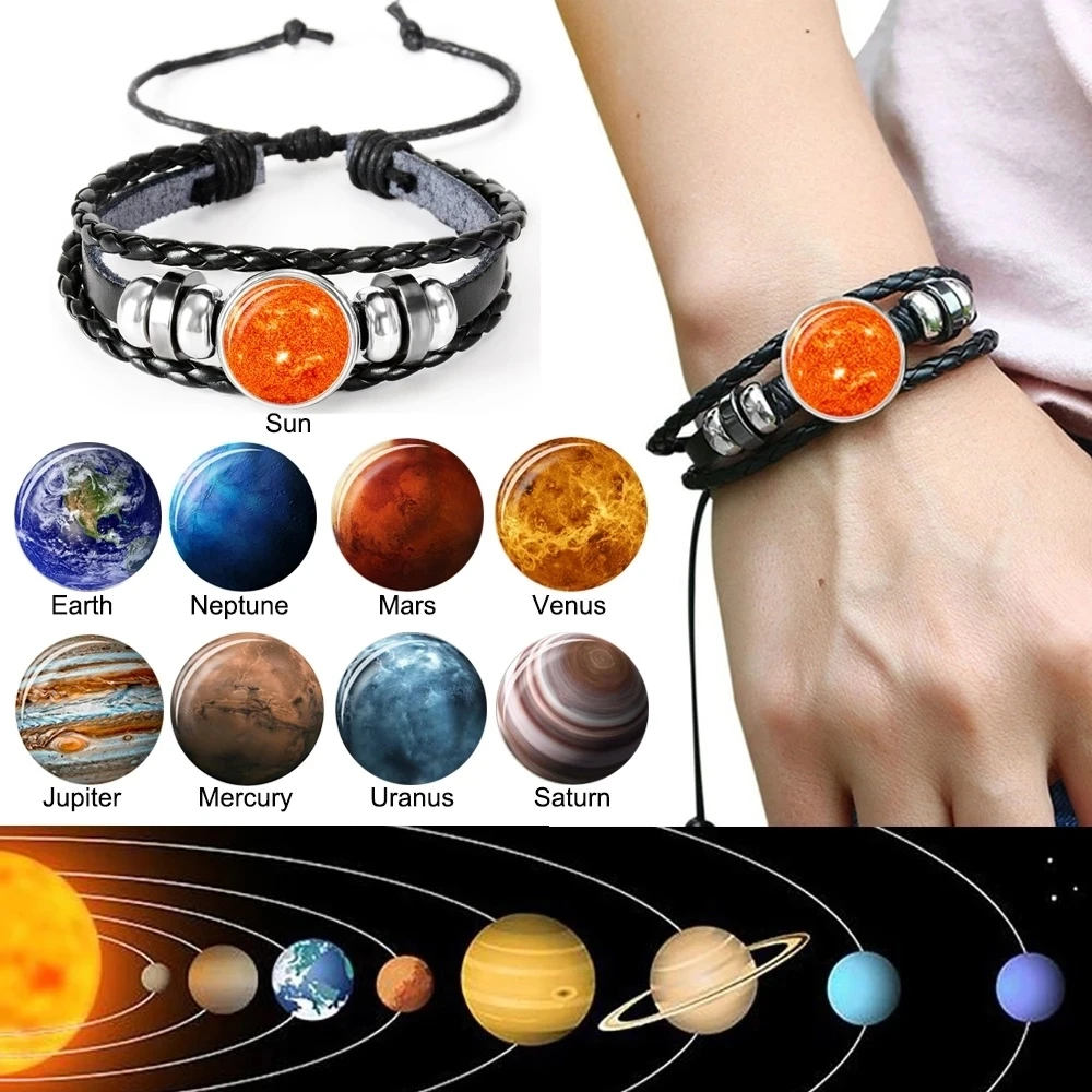 Solar System Planet Galaxy Nebula Space Neptune Venus Moon Earth Jupiter Mars Saturn Uranus Mercury Sun Art Leather Bracelets