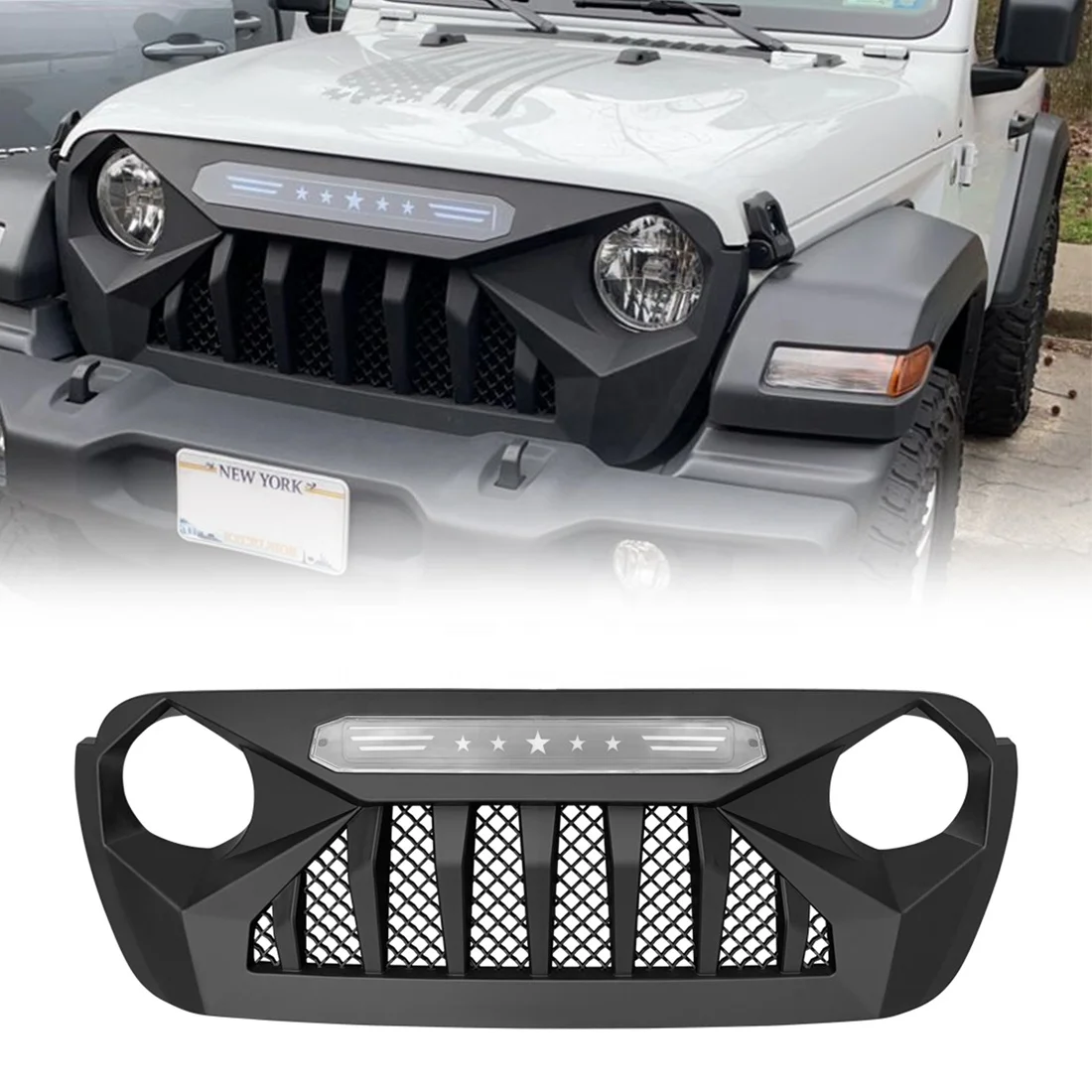 Car Grill Front Demon Grille Guard With White Drl For 2018-2023 Jeep ...