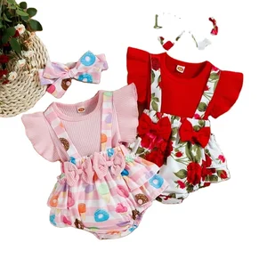 2022 Summer Baby Girls Romper Clothes Suspender Bowknot Flower Printed Ruffle Infant Jumpsuits with Headband