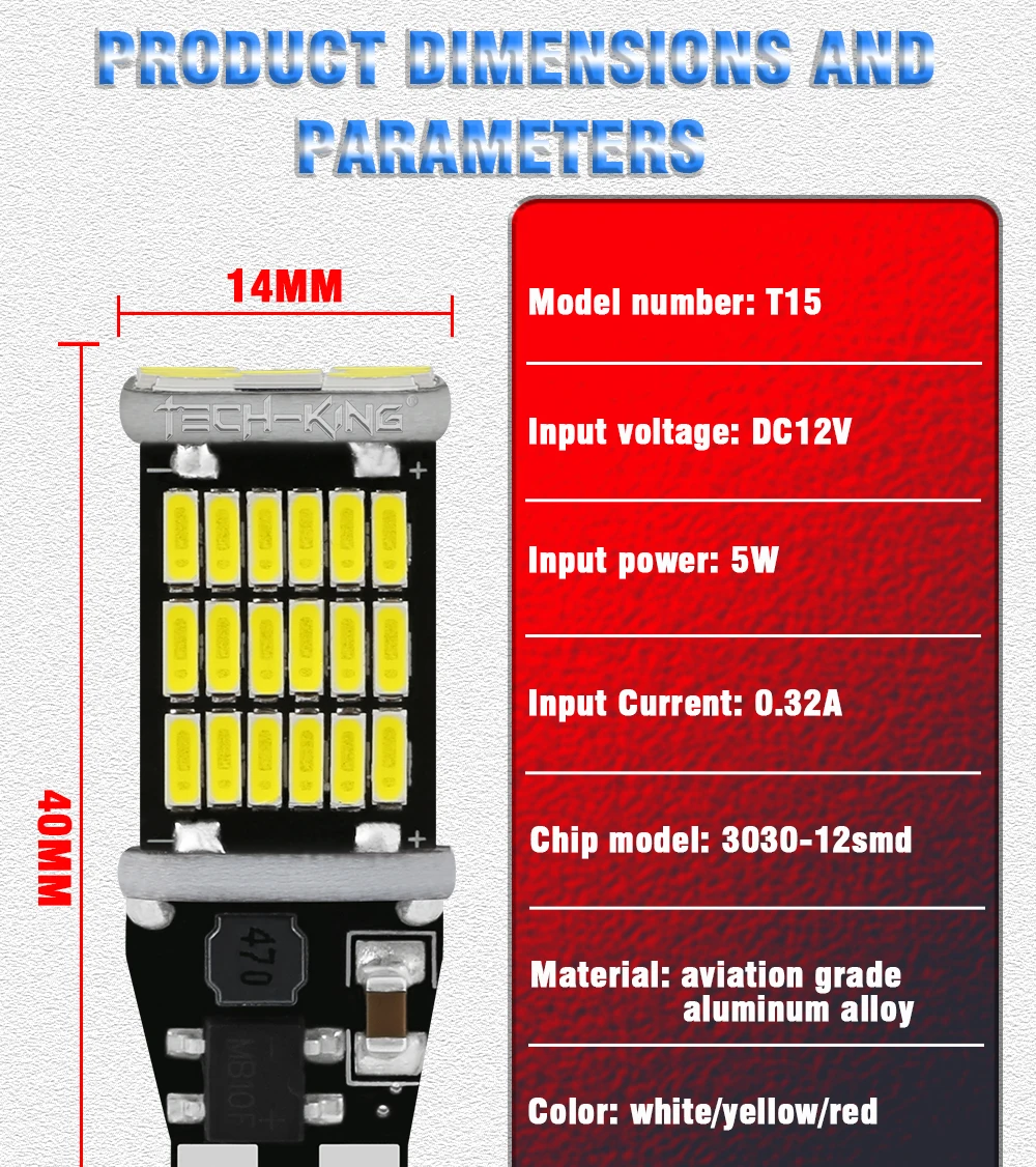 TECH-KING Auto and Motorcycle High Power T15 12v-24v Led Light W16W 4014 45smd Led T15 Yellow White Red SX279 Reversing Lights
