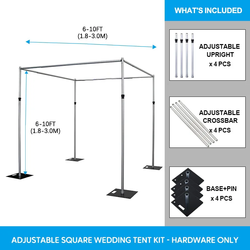 BJ230247 10FT Canopy Square Backdrop Frame Adjustable Pipe and Drape Backdrop Kit for Event Wedding Mandaps