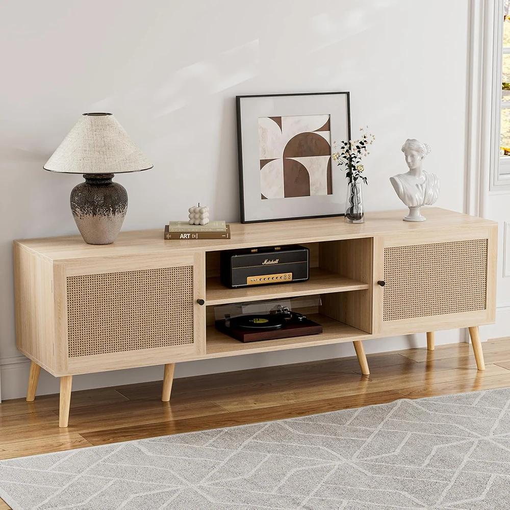 Modern TV Stand for TVs up to 65'' 2 Cabinets Rattan Door & Wooden Shelves Entertainment Center for Home Living Room factory