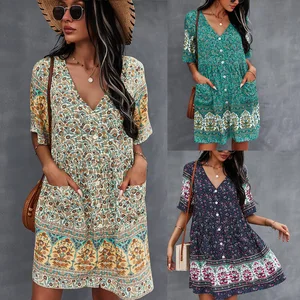 Wome Summer Boho Dress V Neck Floral Print Ruffle Swing a Line Bohemian Beach Smock Dress