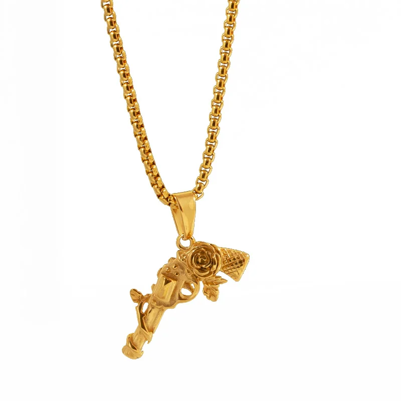 Collana Uomo Con Ciondolo Pistola Revolver &ndash; Acciaio Inox, Lunga 25 Pollici