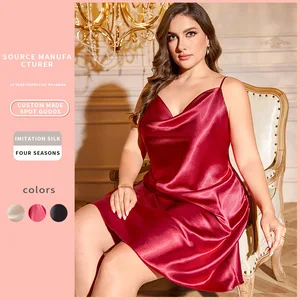 Women's Plus Size 'Ice Silk' Style Satin Pajamas Casual Home Wear Suspender Dress Elastic Waist Sexy Simple Design for Spring