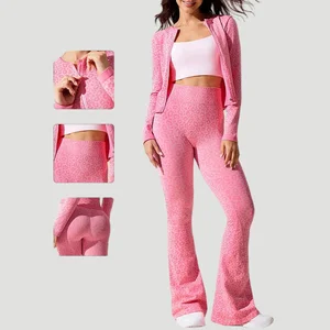 Set Utility Pink All Over Leopard Print Activewear Plus Size Tummy Control Zipper Sports Trends Women Tracksuit