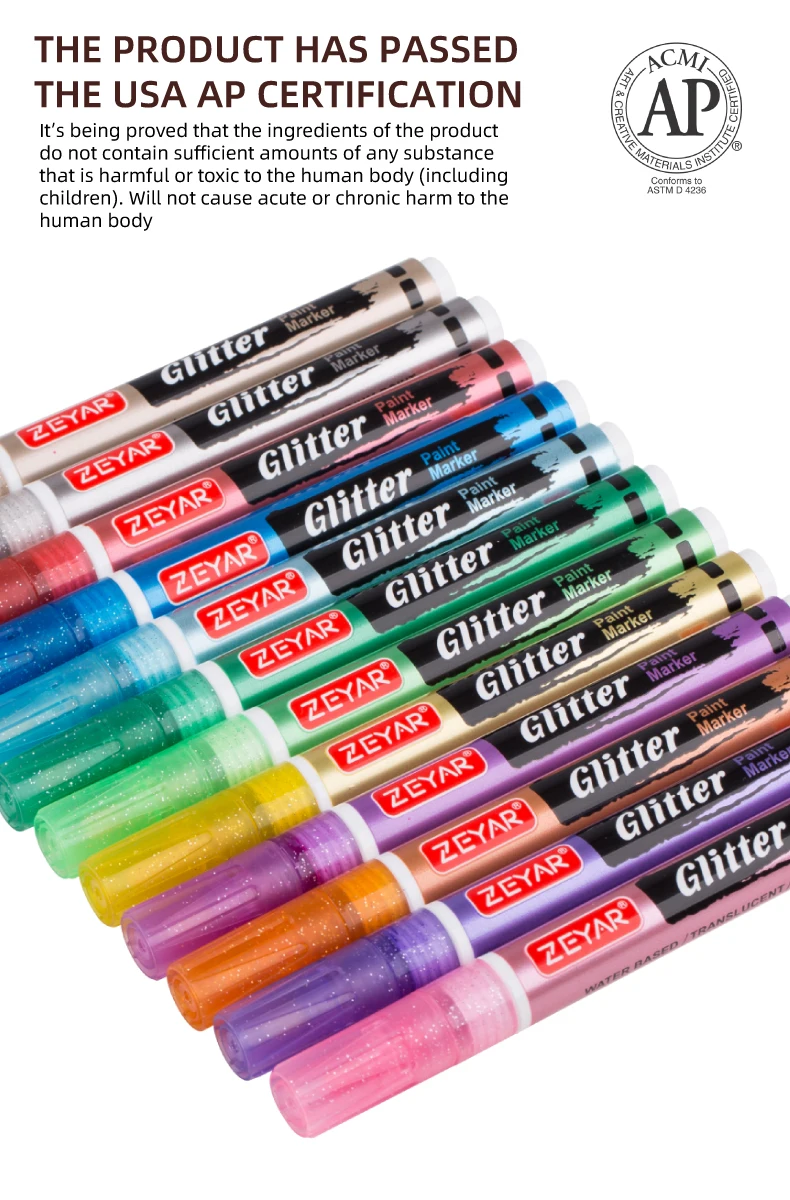 Customized Zeyar Glitter Paint Marker Waterbased Valve Action Paint