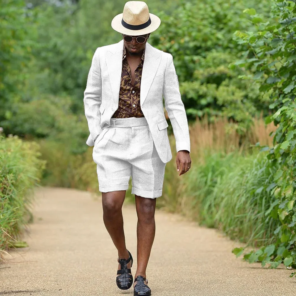 Summer Linen Men Suits Formal Man Cool Comfortable Full Men Suit for Wedding Dresses Blazers Sets 2 Piece Male Suits Shorts