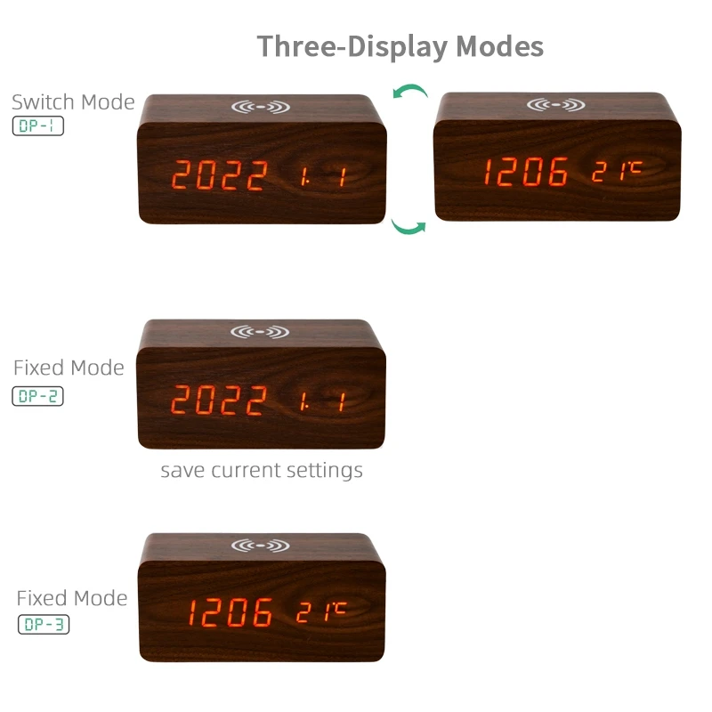 Factory Supply Stylish Wooden Design Multiple Functions Day Date Temperature 12/24 Display Wireless Charging Digital Alarm Clock
