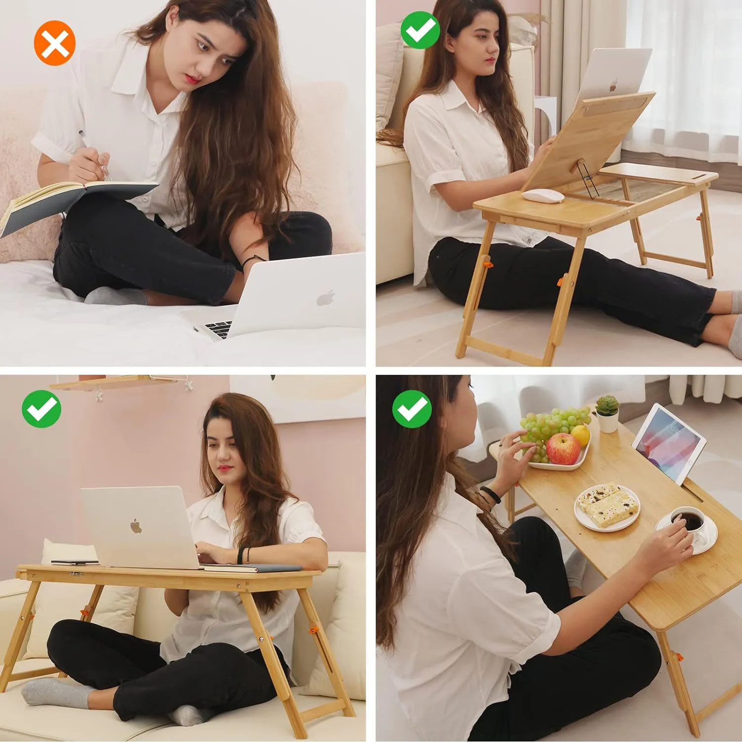 Laptop Table Bed Bamboo Table with Tablet Slot Adjustable Height Angle Foldable Storage Drawer Portable Tray Table Rack