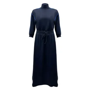 Clothing Manufacturers Custom Spring Summer Autumn Blue Striped Patchwork Choker Drawstring Design Turtleneck Dress
