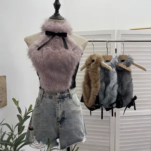 Viviblook Z1031TP02 Sexy Bow Furry Splicing Elastic High Collar Sleeveless Vest Y2k Faux Fur Crop Tank Top for Women