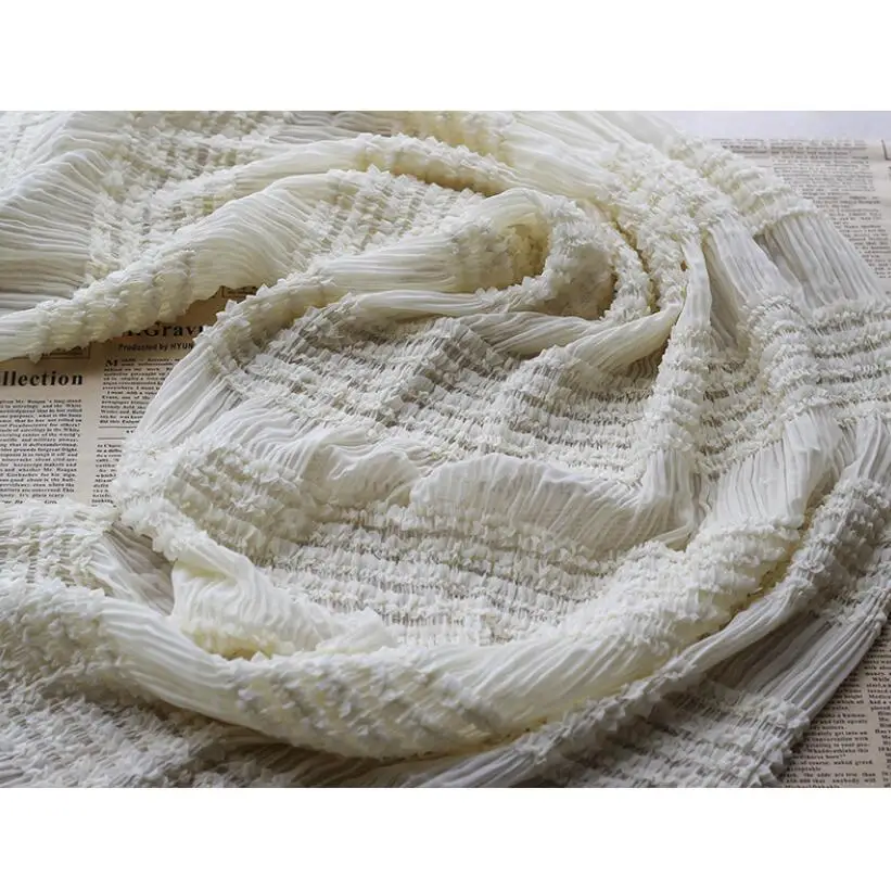 Spring Summer New Chiffon Hook Embroidery Stripe Wrinkle Fabric fairy Style Wedding Dress Elastic Fabric Wholesale