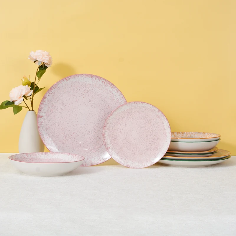 18-Piece Custom Packaged Pink Reactive Glazed Ceramic Dinnerware Set Full Collection Stone Ware Tableware Sample Available