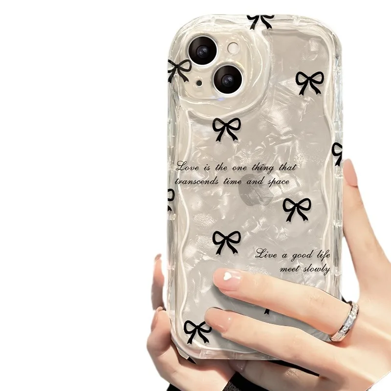 Black Bowknot Shell Pattern Paper With Bead Bracelet TPU Mobile Phone Cover Case for Iphone 7 8 Xr XS 11 12 13 14 15 16 Pro Max