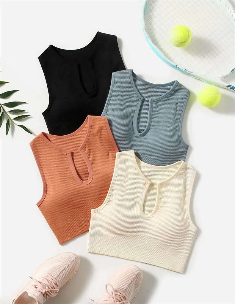 Factory Wholesale Seamless Women Ribbed Sleeveless Tank Top Fashion Women's Cropped Training Trim Sports Yoga Bra details