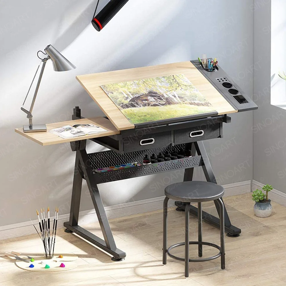 Sinoart 2 Drawers Adjustable Tilting Drawing Table Wooden Drafting ...