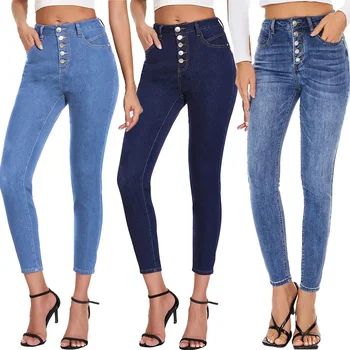 Custom Slim Comfortable Soft High Waist Button Closure Stretch Women's Skinny Jeans